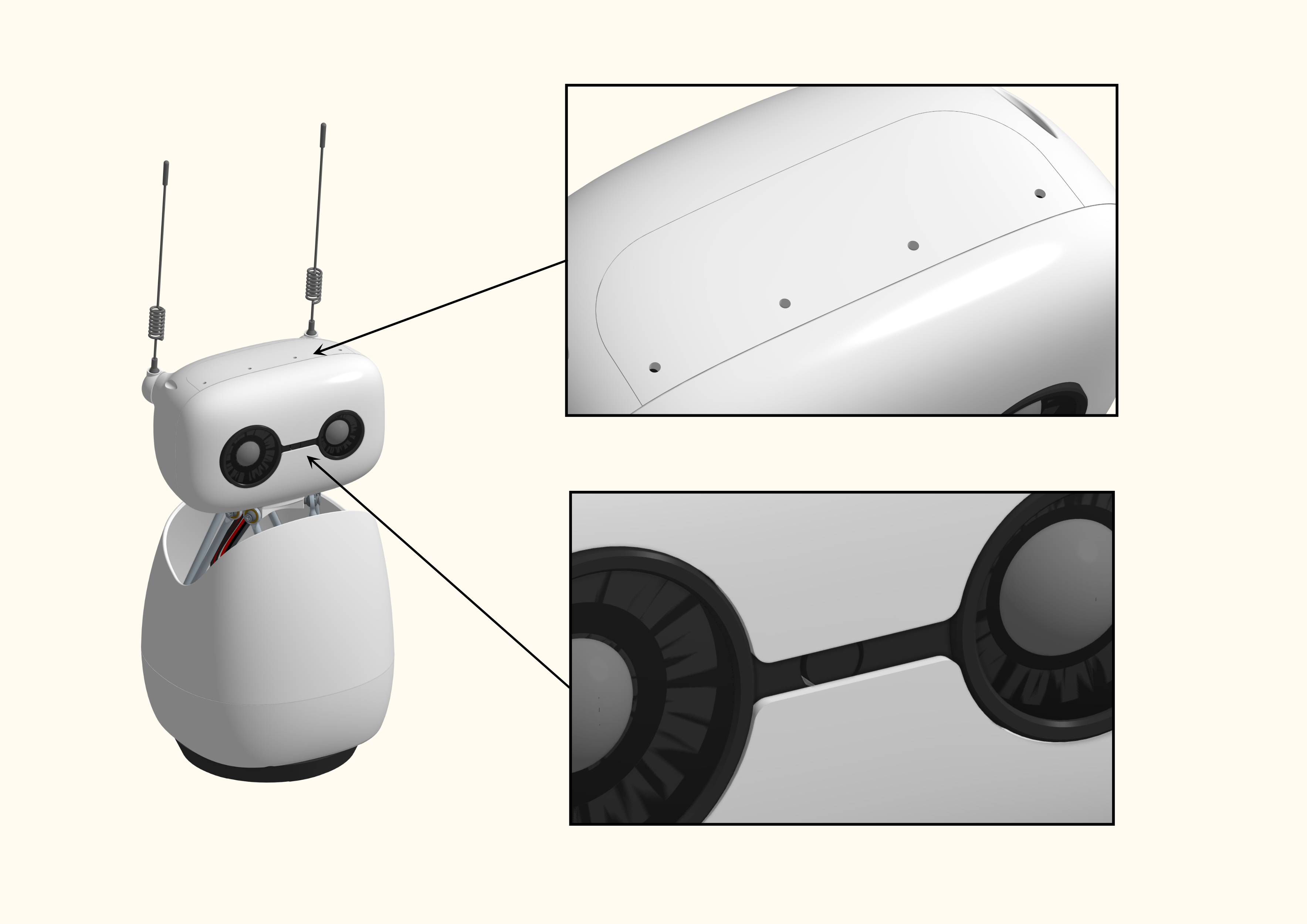 Reachy Mini with callouts for microphone array and camera