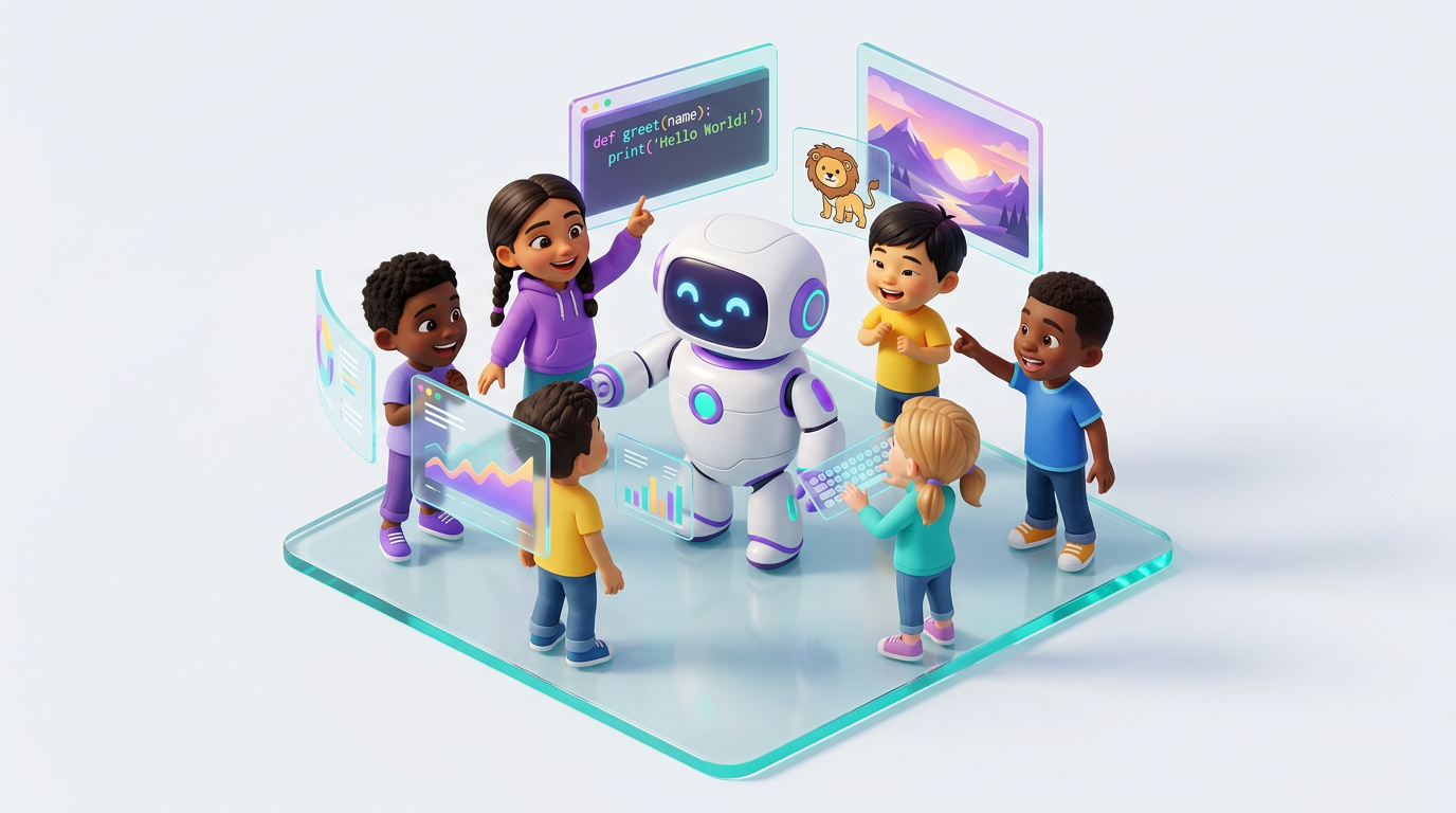 Friendly robot teaching diverse children about AI through vibe coding and AI art